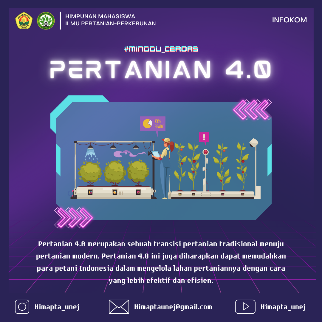 [HIMAPTA MINGGU CERDAS 2023] Pertanian 4.0 merupakan sebuah transisi pertanian tradisional menuju pertanian modern. Pertanian 4.0 ini juga diharapkan dapat memudahkan para petani Indonesia dalam mengelola lahan pertaniannya dengan cara yang lebih efektif dan efisien. Maka karena itu adanya pertanian 4.0 juga menghasilkan berbagai macam inovasi tekonologi di bidang pertanian yang pastinya lebih canggih dari sebelumnya. Beberapa contoh dari Pertanian 4.0, yaitu : - Sprayer Drone - Surveillance Drone - Alsintan Panen, dll. HIMAPTA JAYA ✊ ========== Ikuti berbagai informasi masa kami. Instagram : @himapta_unej Email : himaptaunej@gmail.com Website : www.himapta-faperta-unej.com ========== #unej #ippunej #himapta #minggucerdas